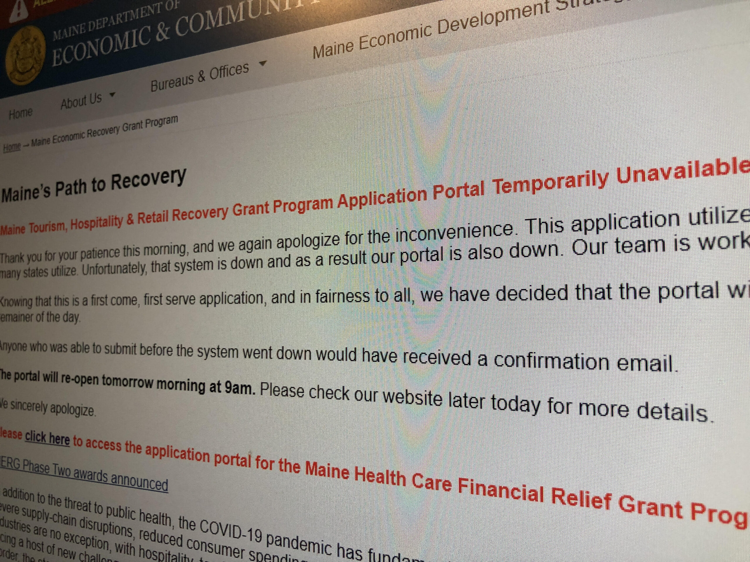 Maine COVID grant program’s website crashes on 1st day