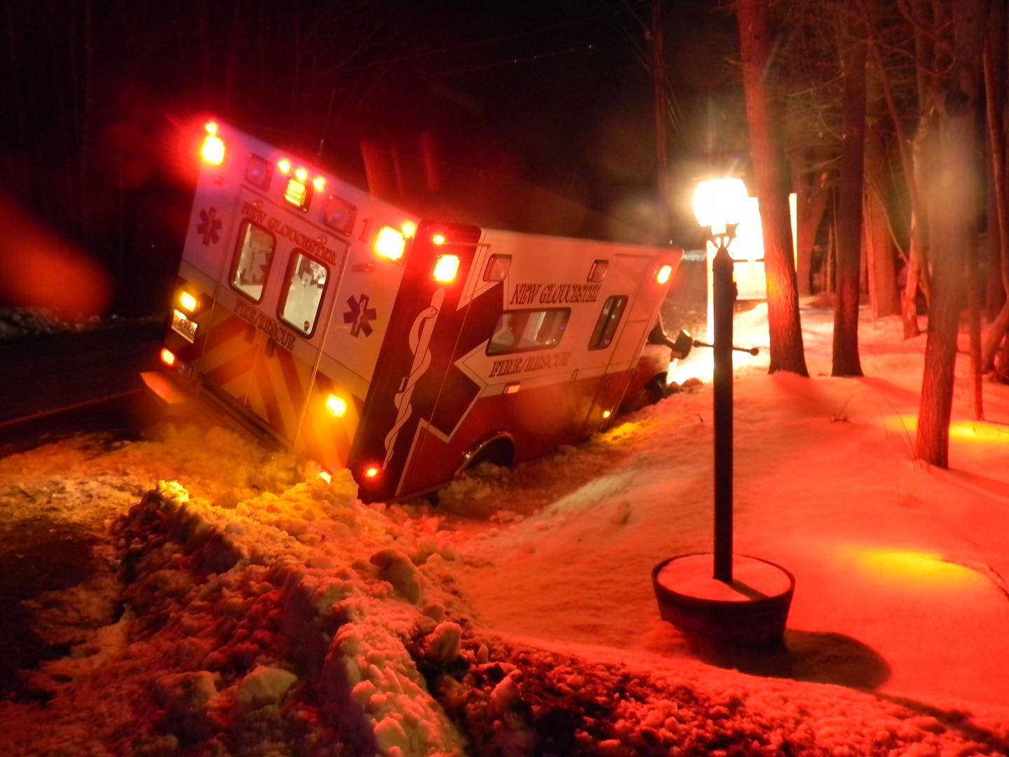No one injured after ambulance falls in snowy ditch in New Gloucester