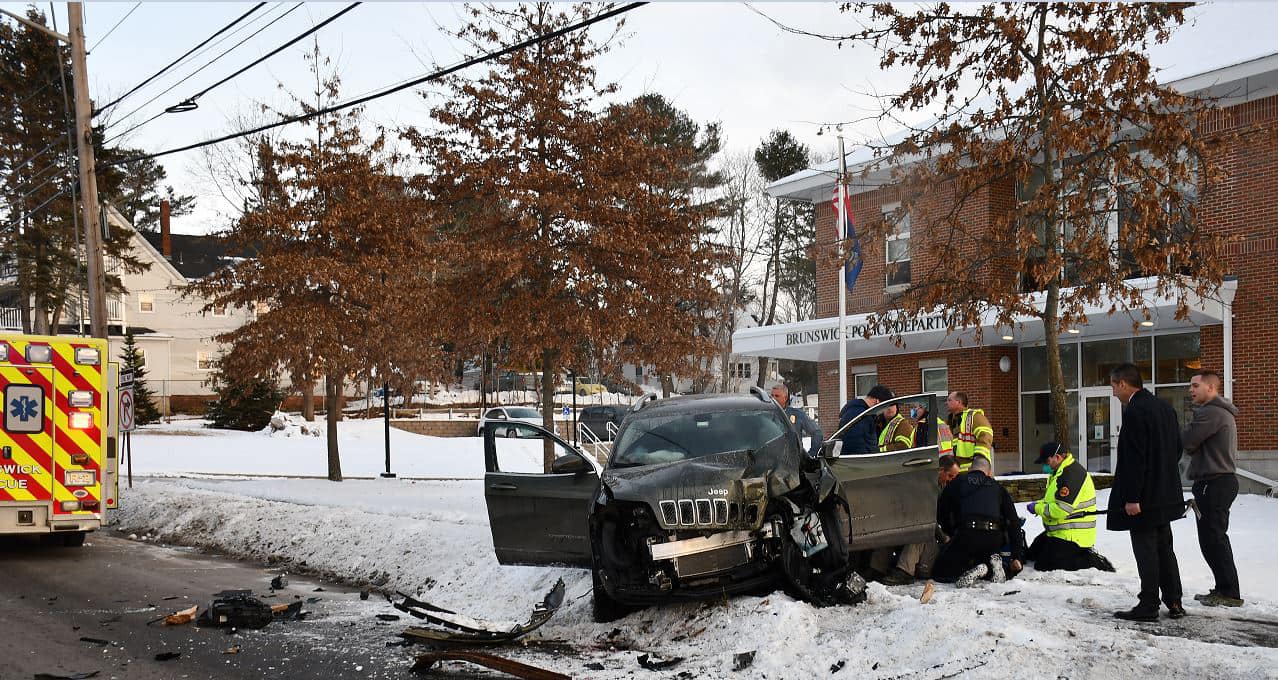 Brunswick man who struck utility pole outside of police department charged with OUI
