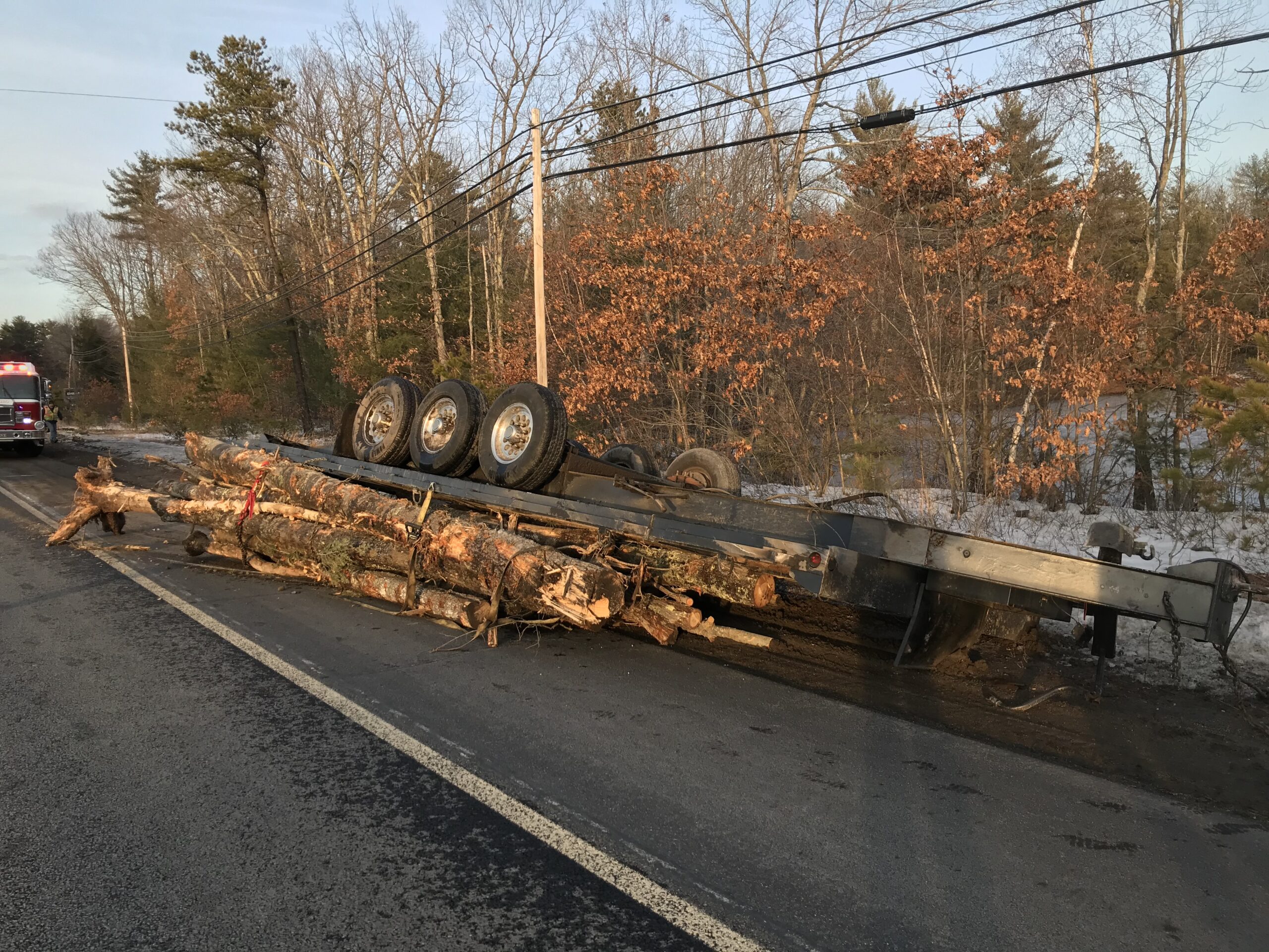 Trailer overturns, spilling logs on road in York County