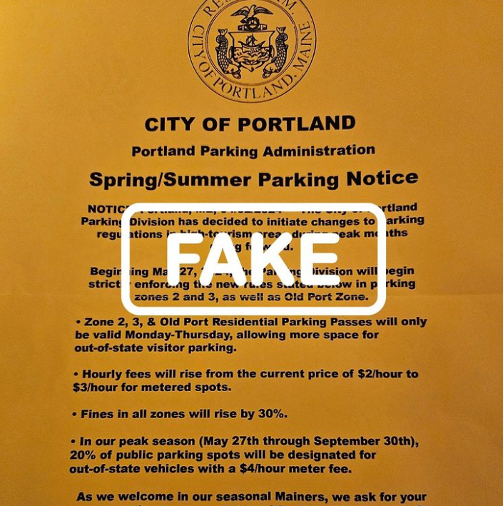 Flyers informing Portland residents about increased parking meter prices and other parking changes are fake, city says